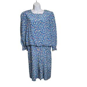 Vintage Ciao LTD Women’s Blue 80s Abstract Print Midi Blouson Dress Est.‎ Size M